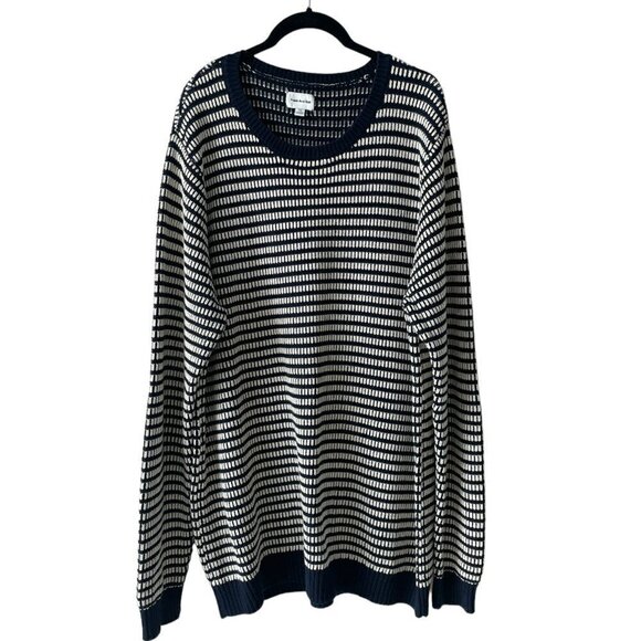 Frank And Oak Crochet Knit Sweater Round Neck Striped Pattern Blue White XXL - Picture 1 of 8